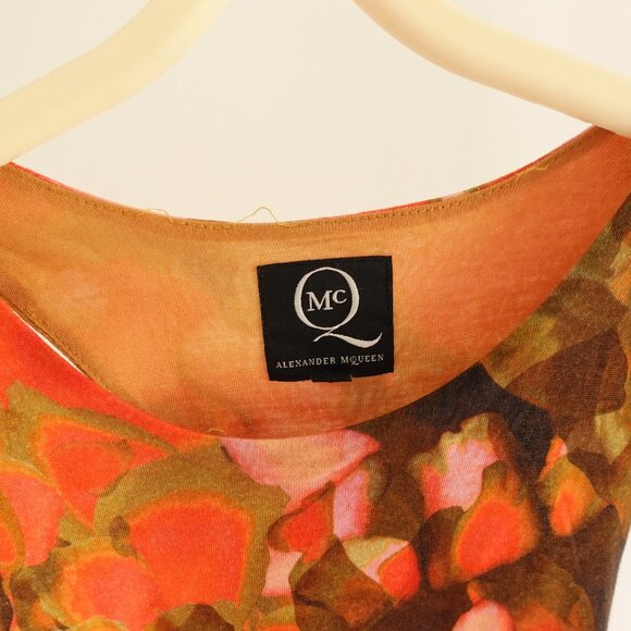 McQ by Alexander McQueen Orange Printed Lyocell Knit Racerback Ruched Dress S - Picture 9 of 16